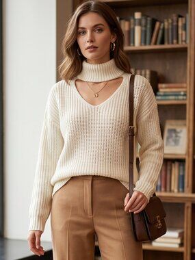 Urban Heritage Cream V-Neck Cutout Mock Neck Sweater